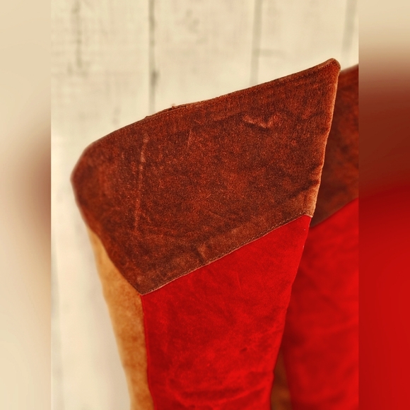 Vintage RARE Passports Suede Patchwork Knee High Low Heel Boots Red Tan Brown - Picture 4 of 15